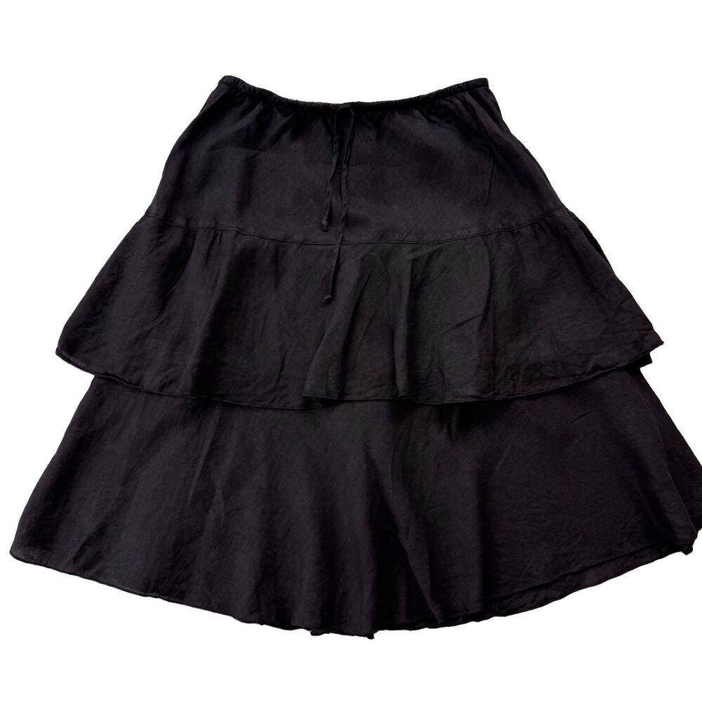 Cut Loose Womens Black Tiered Ruffle Skirt sz Small Drawstring Waist 100% Linen